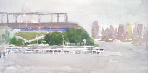 Hudson River at Chelsea Pier; 
Watercolor and Oil Pastel, 2013; 
7.5 x 15 in.